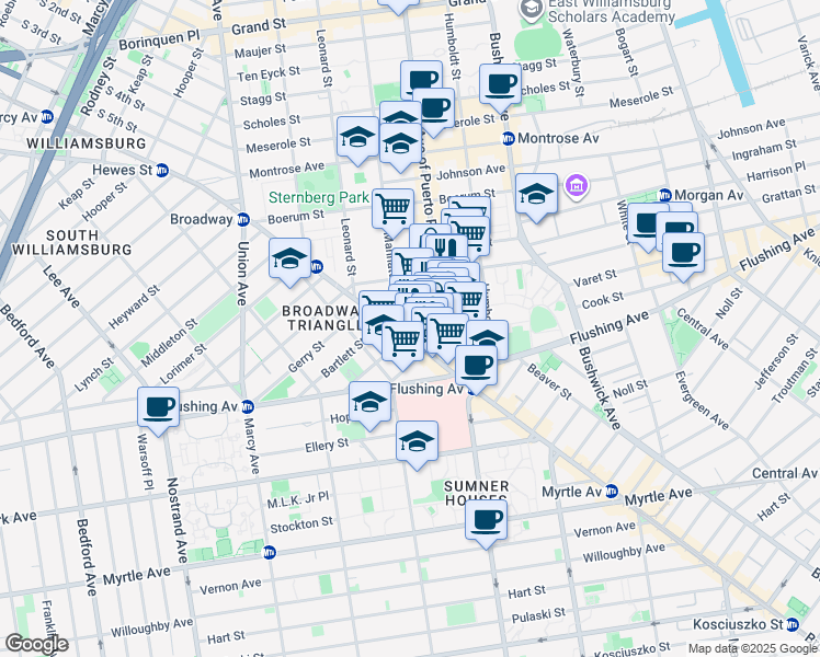 map of restaurants, bars, coffee shops, grocery stores, and more near 10 Manhattan Avenue in Brooklyn
