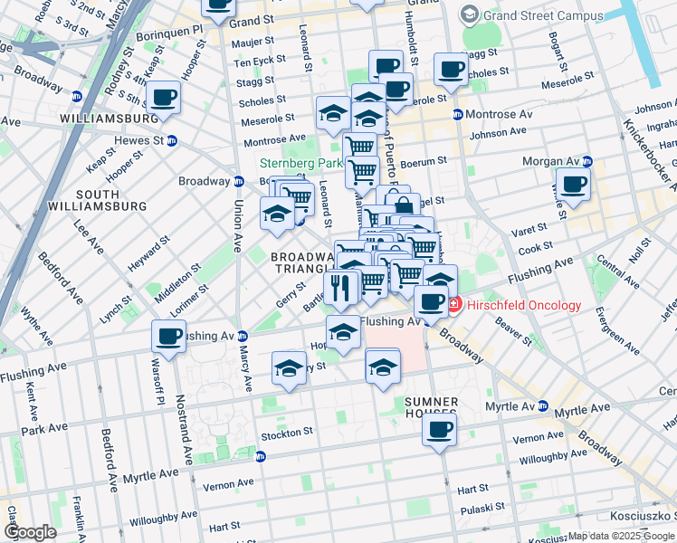 map of restaurants, bars, coffee shops, grocery stores, and more near 640 Broadway in Brooklyn