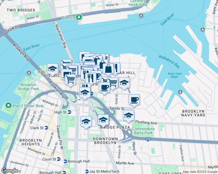 map of restaurants, bars, coffee shops, grocery stores, and more near 71 Bridge Street in Brooklyn