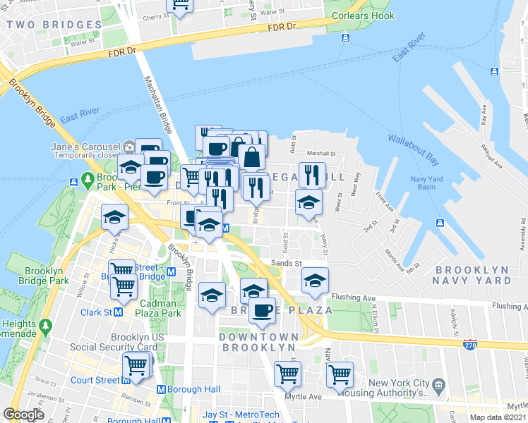 map of restaurants, bars, coffee shops, grocery stores, and more near 71 Bridge Street in Brooklyn