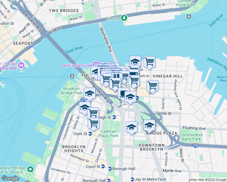 map of restaurants, bars, coffee shops, grocery stores, and more near 52 Front Street in Brooklyn