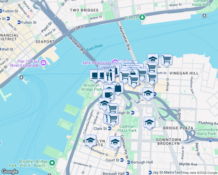 map of restaurants, bars, coffee shops, grocery stores, and more near 10 Old Fulton Street in Brooklyn