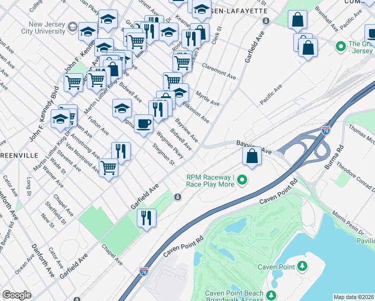 map of restaurants, bars, coffee shops, grocery stores, and more near 14 Bidwell Avenue in Jersey City