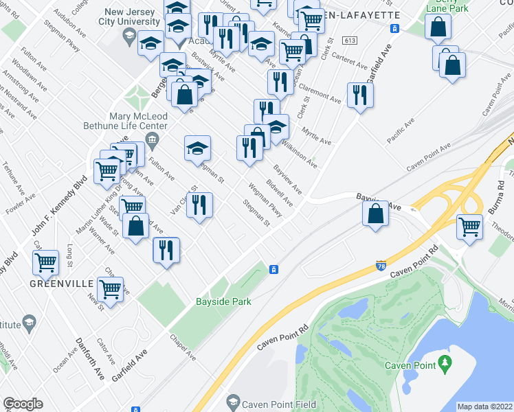 map of restaurants, bars, coffee shops, grocery stores, and more near 38 Wegman Parkway in Jersey City