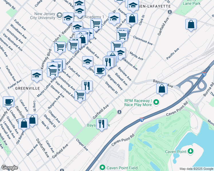 map of restaurants, bars, coffee shops, grocery stores, and more near 60 Stegman Street in Jersey City