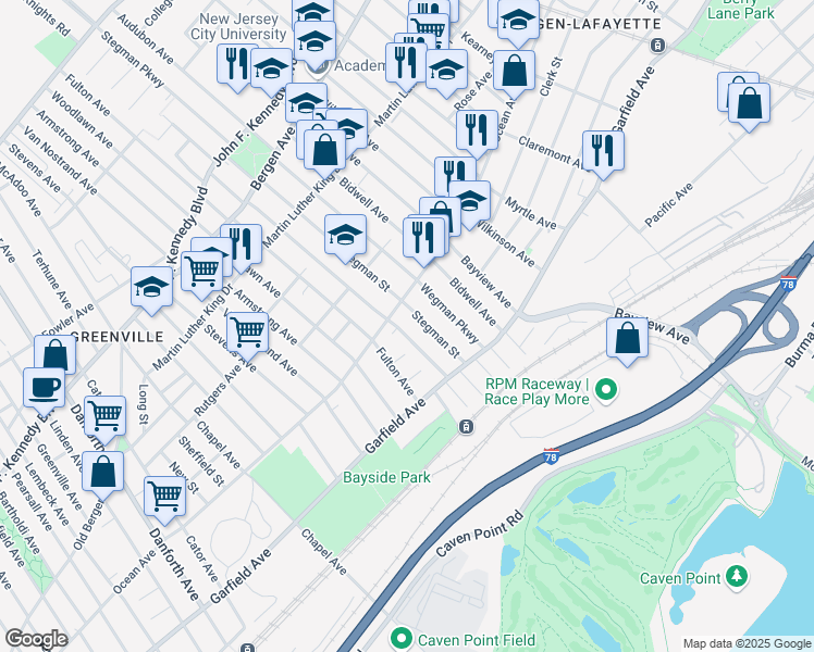 map of restaurants, bars, coffee shops, grocery stores, and more near 60 Stegman Street in Jersey City
