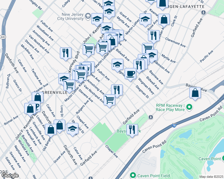 map of restaurants, bars, coffee shops, grocery stores, and more near 100 Fulton Avenue in Jersey City