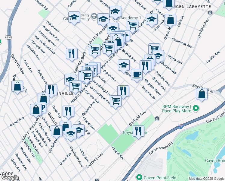 map of restaurants, bars, coffee shops, grocery stores, and more near 118-120 Woodlawn Avenue in Jersey City