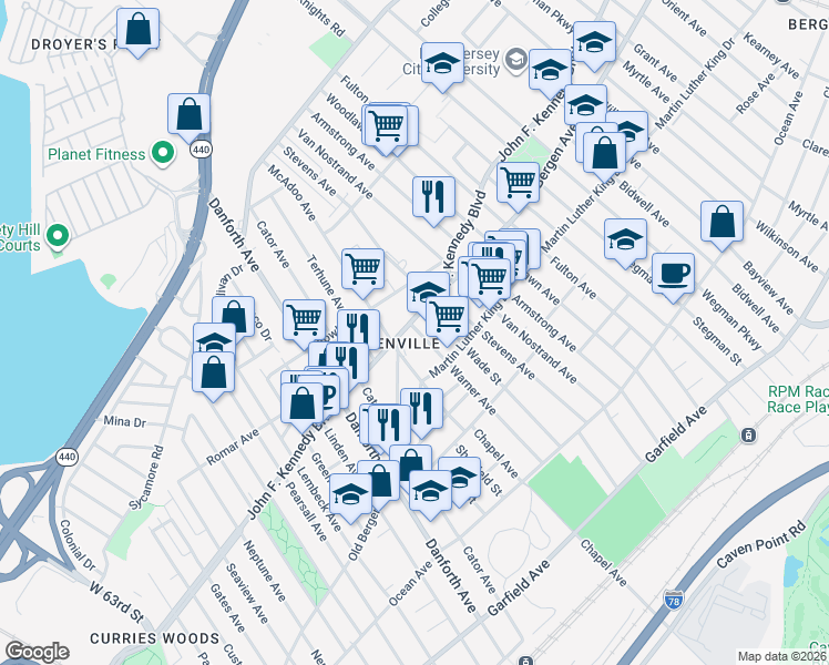 map of restaurants, bars, coffee shops, grocery stores, and more near 1832 John F. Kennedy Boulevard in Jersey City