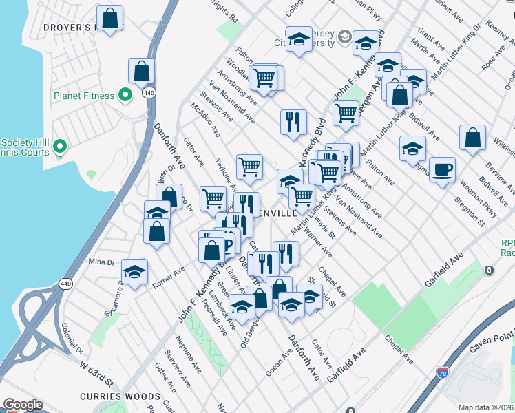 map of restaurants, bars, coffee shops, grocery stores, and more near in Jersey City