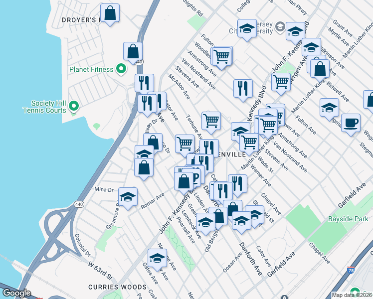 map of restaurants, bars, coffee shops, grocery stores, and more near 315 Cator Avenue in Jersey City