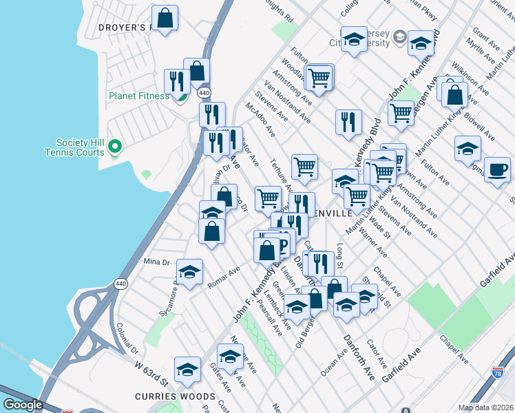 map of restaurants, bars, coffee shops, grocery stores, and more near 339 Danforth Avenue in Jersey City