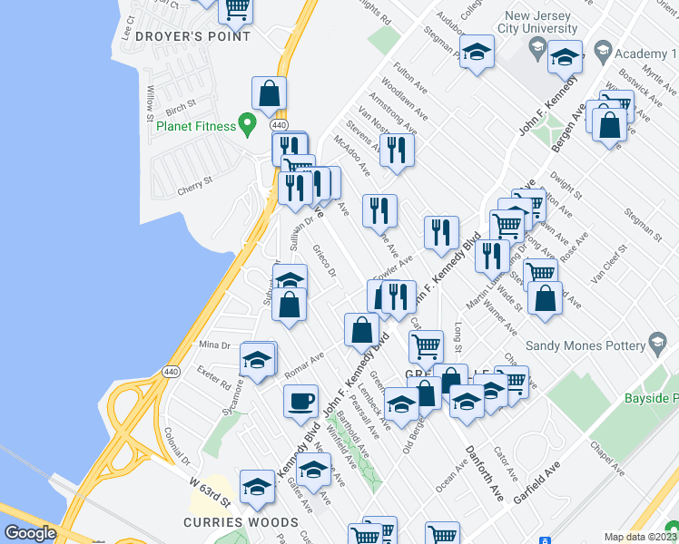 map of restaurants, bars, coffee shops, grocery stores, and more near 339 Danforth Avenue in Jersey City