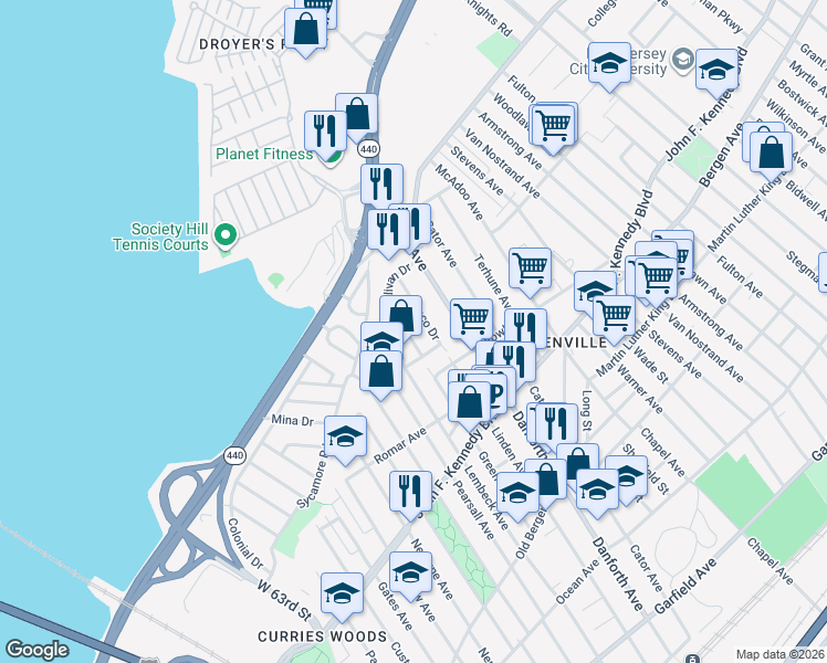 map of restaurants, bars, coffee shops, grocery stores, and more near 32 Msgr Wojtycha Drive in Jersey City