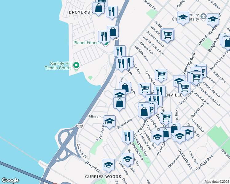 map of restaurants, bars, coffee shops, grocery stores, and more near 45 Suburbia Drive in Jersey City