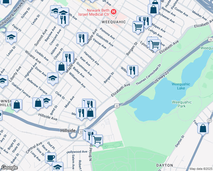 map of restaurants, bars, coffee shops, grocery stores, and more near 47 Grumman Avenue in Newark