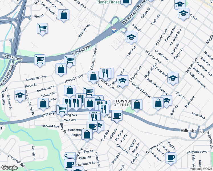 map of restaurants, bars, coffee shops, grocery stores, and more near 356a Hillside Avenue in Hillside