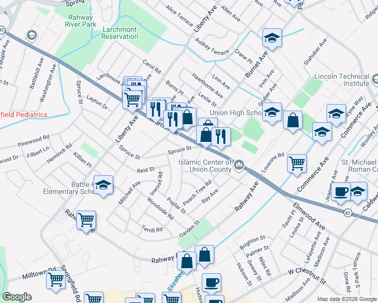 map of restaurants, bars, coffee shops, grocery stores, and more near 2522 Spruce Street in Union