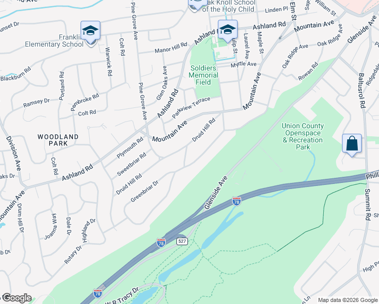 map of restaurants, bars, coffee shops, grocery stores, and more near 36 Druid Hill Road in Summit