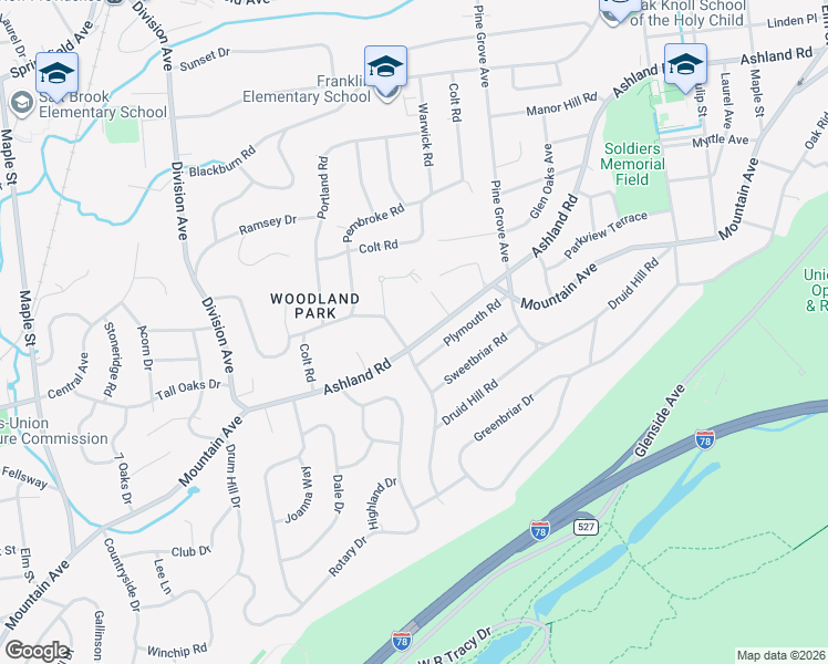 map of restaurants, bars, coffee shops, grocery stores, and more near 235 Ashland Road in Summit