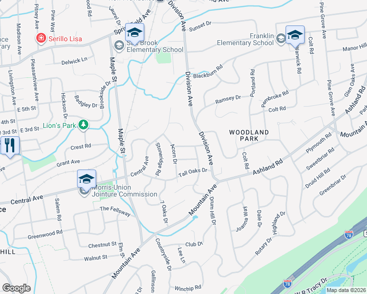 map of restaurants, bars, coffee shops, grocery stores, and more near 51 Old Oak Drive in Summit