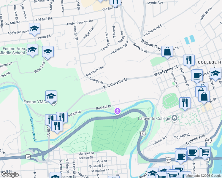 map of restaurants, bars, coffee shops, grocery stores, and more near 1046 West Lafayette Street in Easton