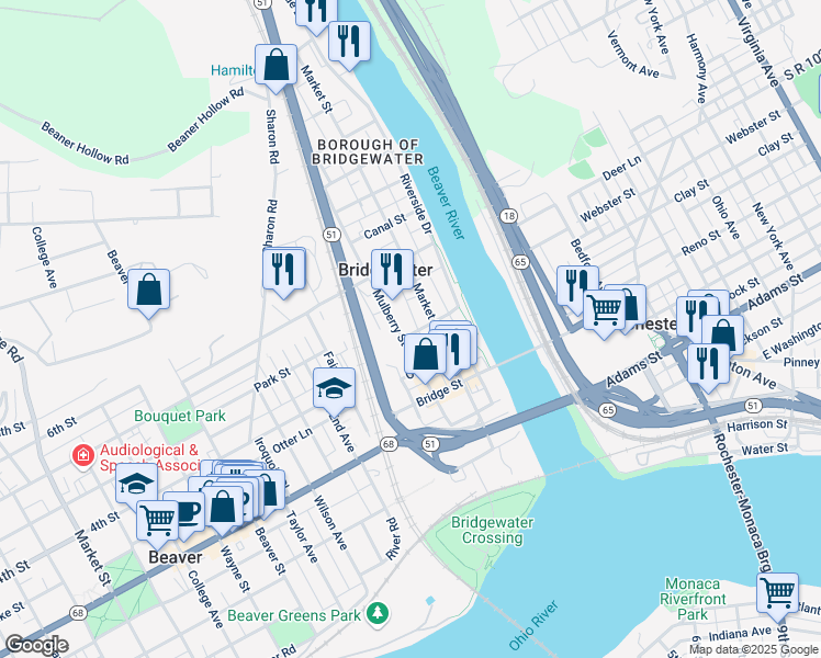 map of restaurants, bars, coffee shops, grocery stores, and more near 711 Market Street in Beaver