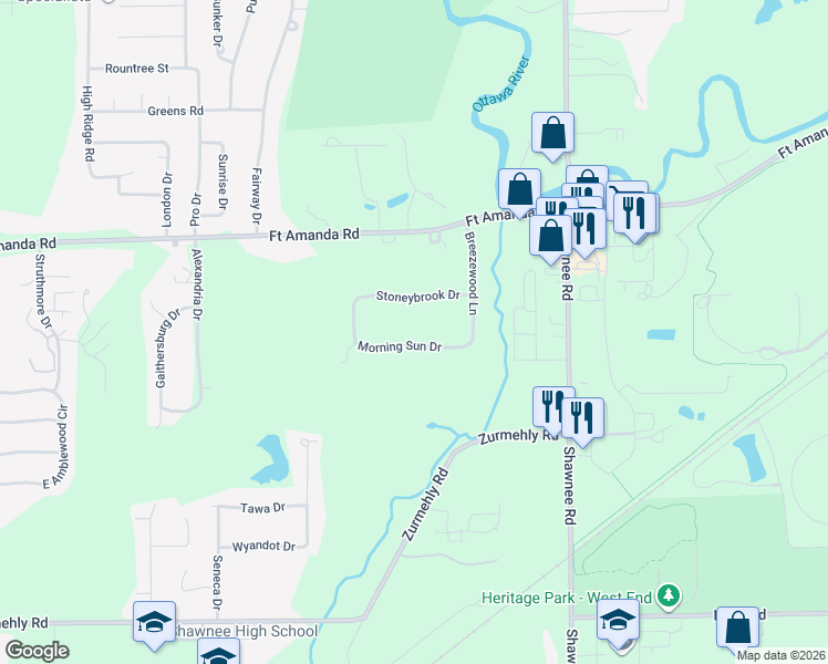 map of restaurants, bars, coffee shops, grocery stores, and more near 2957 Stoneybrook Drive in Lima