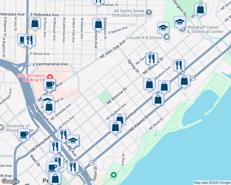 map of restaurants, bars, coffee shops, grocery stores, and more near 1017 Northeast Monroe Street in Peoria