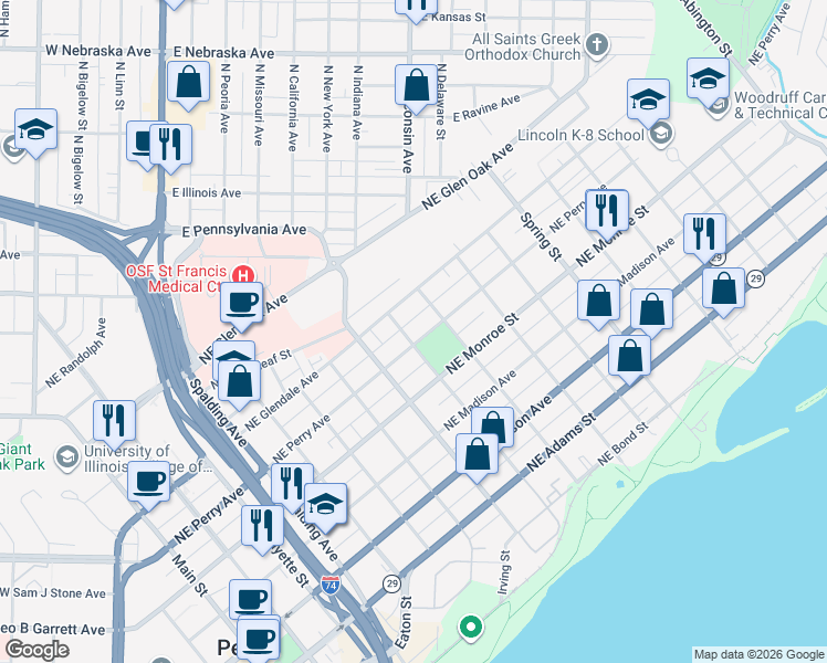 map of restaurants, bars, coffee shops, grocery stores, and more near 708 Morgan Street in Peoria