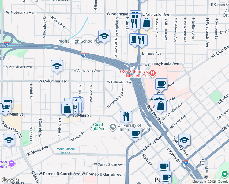 map of restaurants, bars, coffee shops, grocery stores, and more near 103 Northeast Roanoke Avenue in Peoria