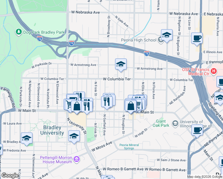 map of restaurants, bars, coffee shops, grocery stores, and more near 1213 North Orange Street in Peoria