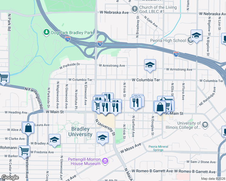 map of restaurants, bars, coffee shops, grocery stores, and more near 1210 North Bourland Avenue in Peoria