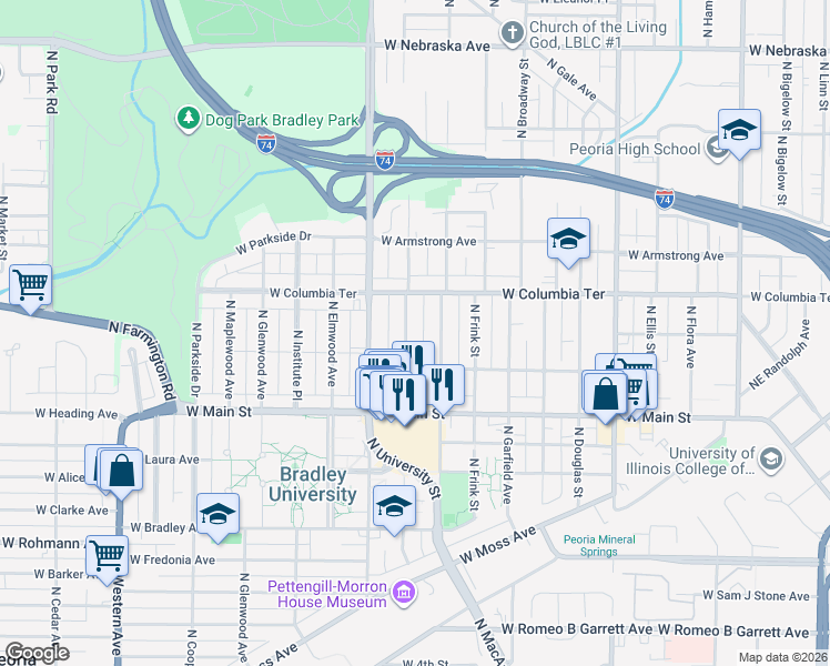 map of restaurants, bars, coffee shops, grocery stores, and more near 1210 North Underhill Street in Peoria