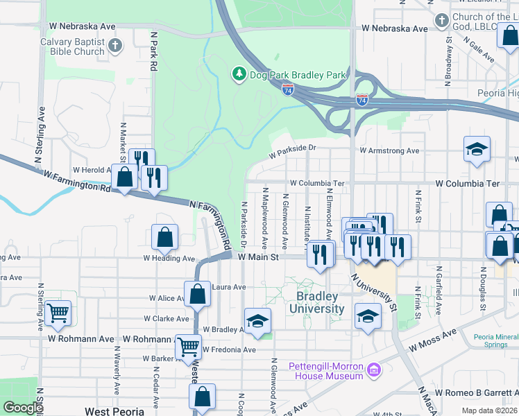 map of restaurants, bars, coffee shops, grocery stores, and more near 1211 N Maplewood Ave in Peoria