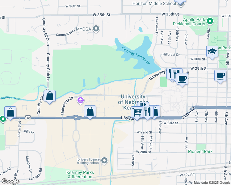 map of restaurants, bars, coffee shops, grocery stores, and more near 1701-1899 University Drive in Kearney
