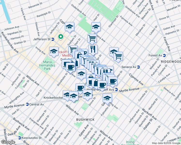 map of restaurants, bars, coffee shops, grocery stores, and more near 1455 Greene Avenue in Brooklyn