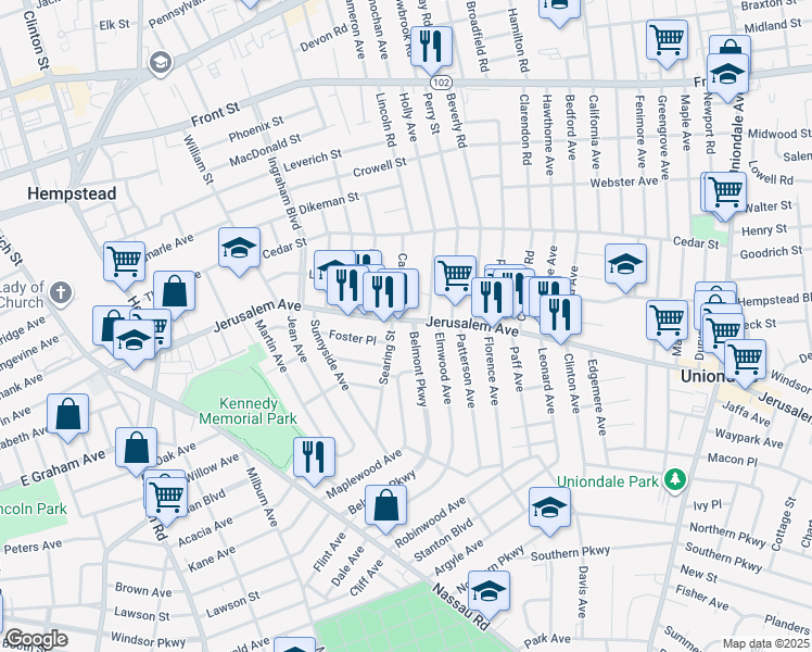 map of restaurants, bars, coffee shops, grocery stores, and more near 5 Belmont Parkway in Hempstead