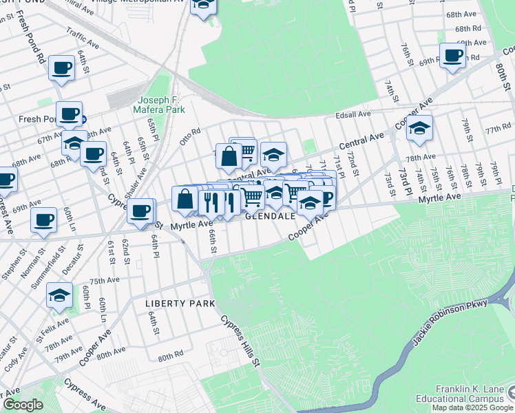 map of restaurants, bars, coffee shops, grocery stores, and more near 71-31 67th Place in Queens