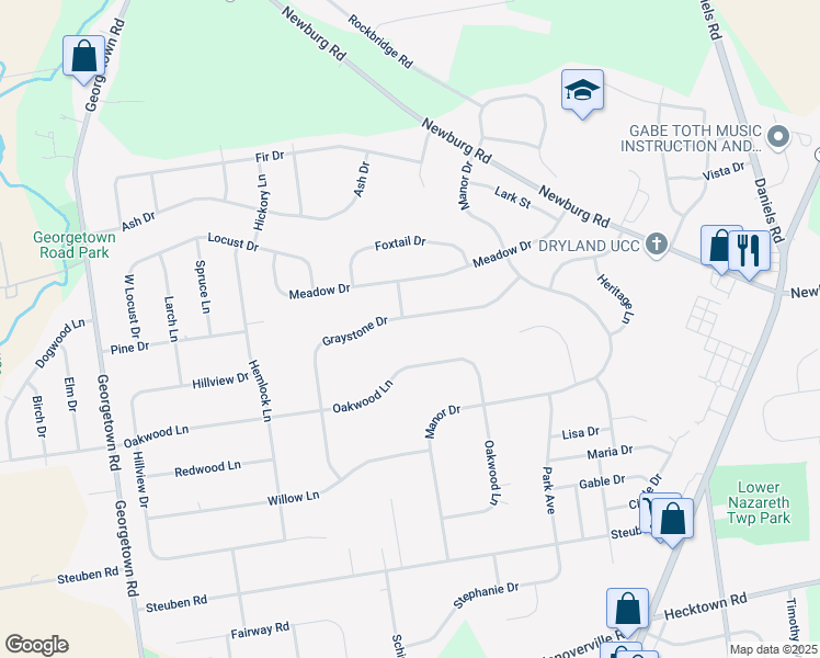 map of restaurants, bars, coffee shops, grocery stores, and more near 4535 Graystone Drive in Nazareth