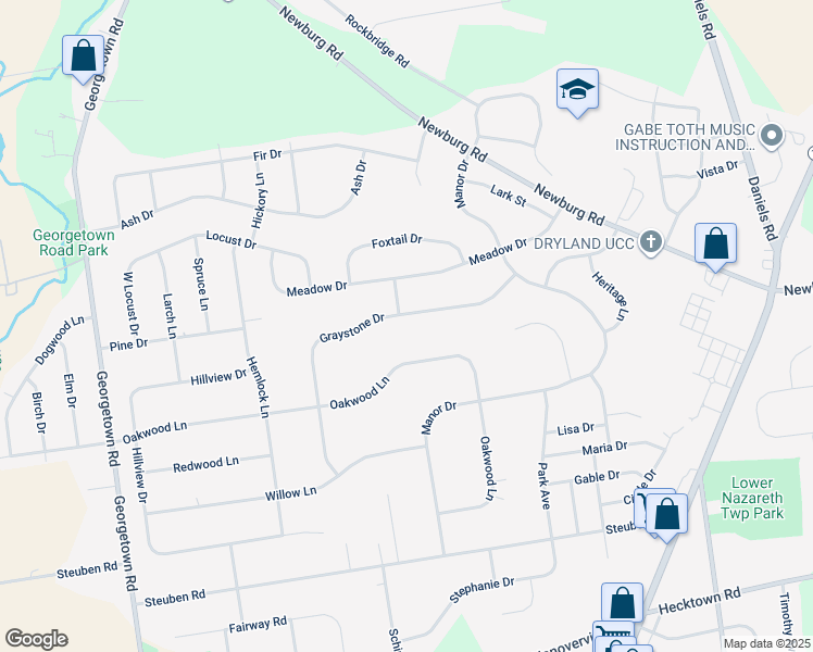map of restaurants, bars, coffee shops, grocery stores, and more near 4535 Graystone Drive in Nazareth