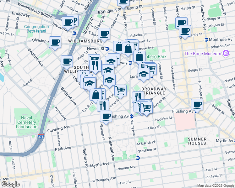 map of restaurants, bars, coffee shops, grocery stores, and more near 132 Middleton Street in Brooklyn