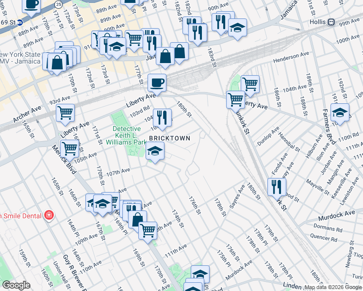 map of restaurants, bars, coffee shops, grocery stores, and more near 177-32 106th Road in Queens