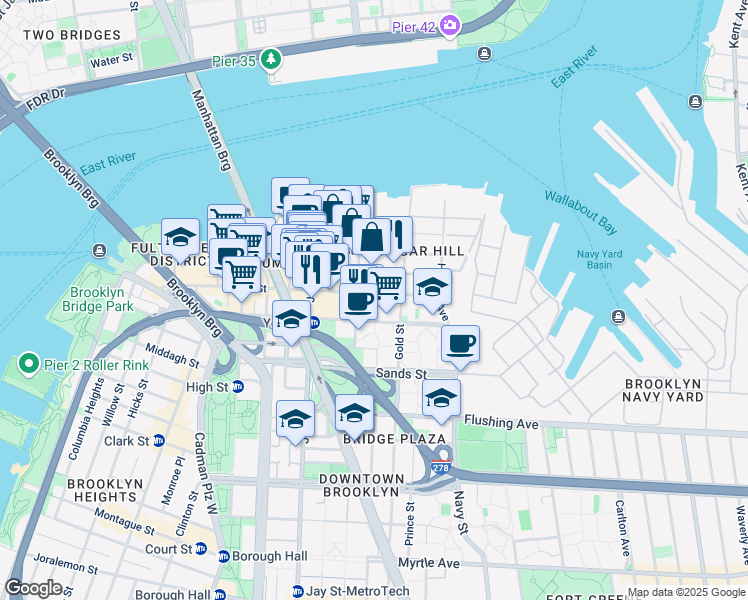 map of restaurants, bars, coffee shops, grocery stores, and more near 71 Bridge Street in Brooklyn