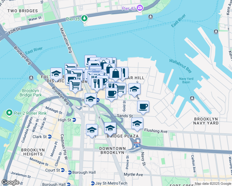 map of restaurants, bars, coffee shops, grocery stores, and more near 71 Bridge Street in Brooklyn