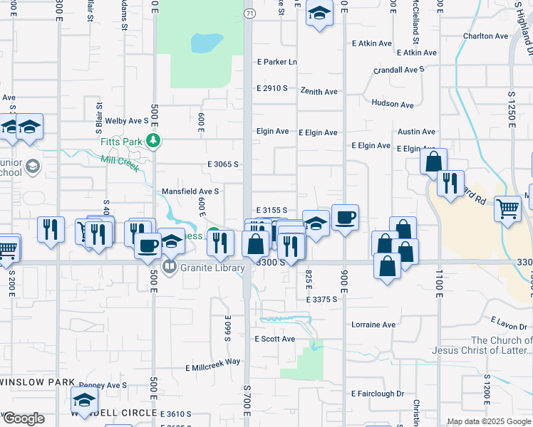 map of restaurants, bars, coffee shops, grocery stores, and more near 736 East 3155 South in Millcreek