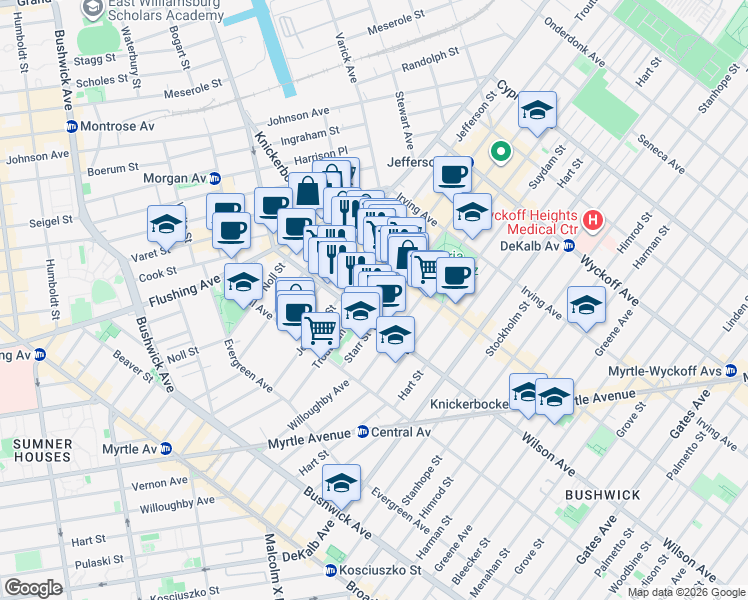 map of restaurants, bars, coffee shops, grocery stores, and more near 236 Jefferson Street in Brooklyn