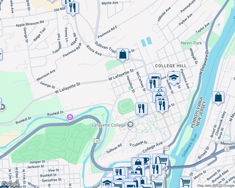 map of restaurants, bars, coffee shops, grocery stores, and more near 605 Pardee Street in Easton