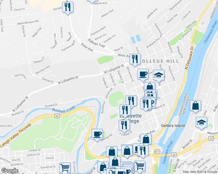 map of restaurants, bars, coffee shops, grocery stores, and more near 605 Pardee Street in Easton