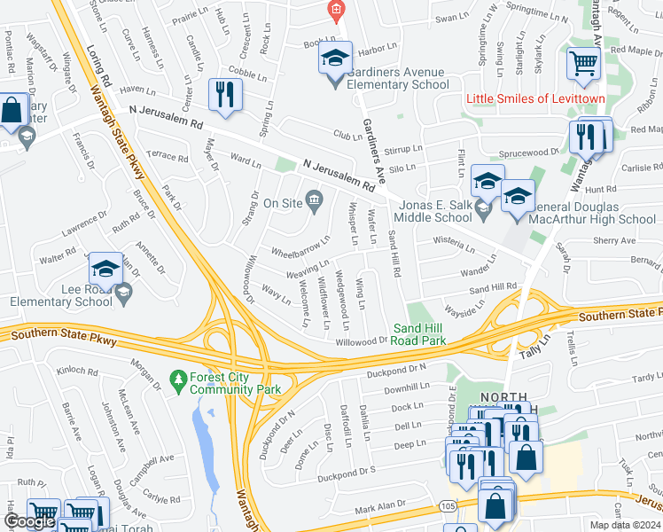 map of restaurants, bars, coffee shops, grocery stores, and more near 2 Wedgewood Lane in North Wantagh
